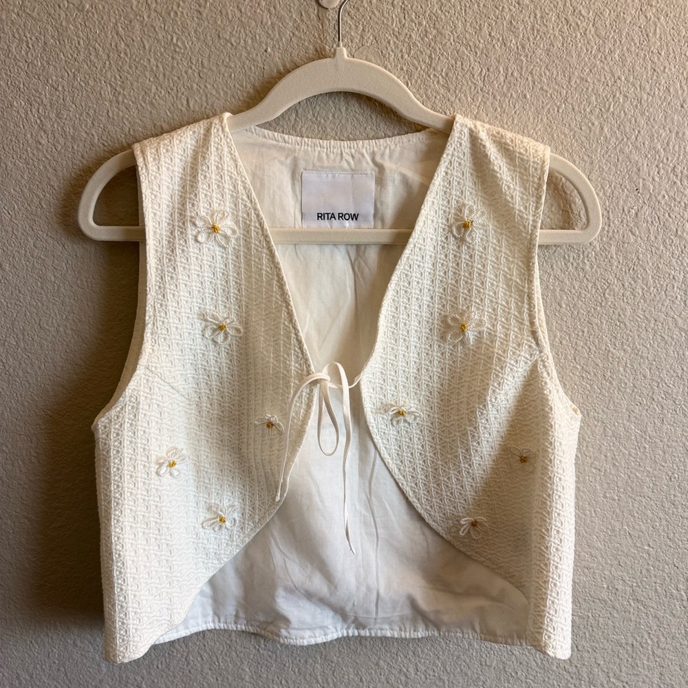 Free People Rita Row Daisy Tank Top Tie Front Beaded Cottagecore Floral Medium